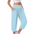 thumbnail image 1 of Timegard Womens Capri Pants Elastic High Waist Button Comfy Solid Color Casual Crop Pants with Pockets, 1 of 7