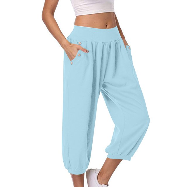 Timegard Womens Capri Pants Elastic High Waist Button Comfy Solid Color Casual Crop Pants with Pockets