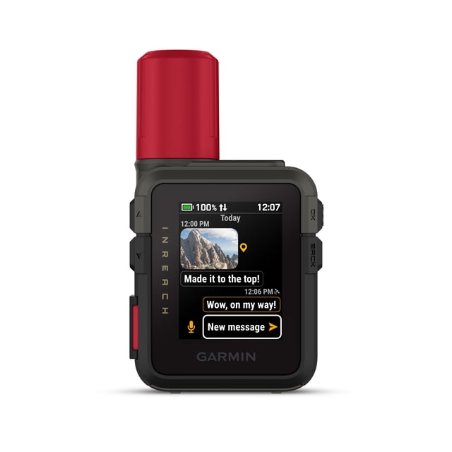 Garmin inReach Mini 3 Plus satellite communicator with a black rectangular body and red antenna, displaying a color touchscreen with GPS location and text messages including a mountain photo and messages like 'Made it to the top!' and 'Wow, on my way!'. It uses the global Iridium satellite network for communication beyond cellular range, ideal for outdoor navigation and emergency SOS.