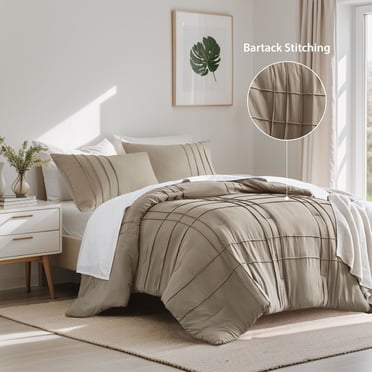 Regency Heights Queen Comforter Set, Boho 3-Piece Pintuck Stitching Bedding Set, Soft Washed Pleated Bed Sets with Pillow Sham Khaki