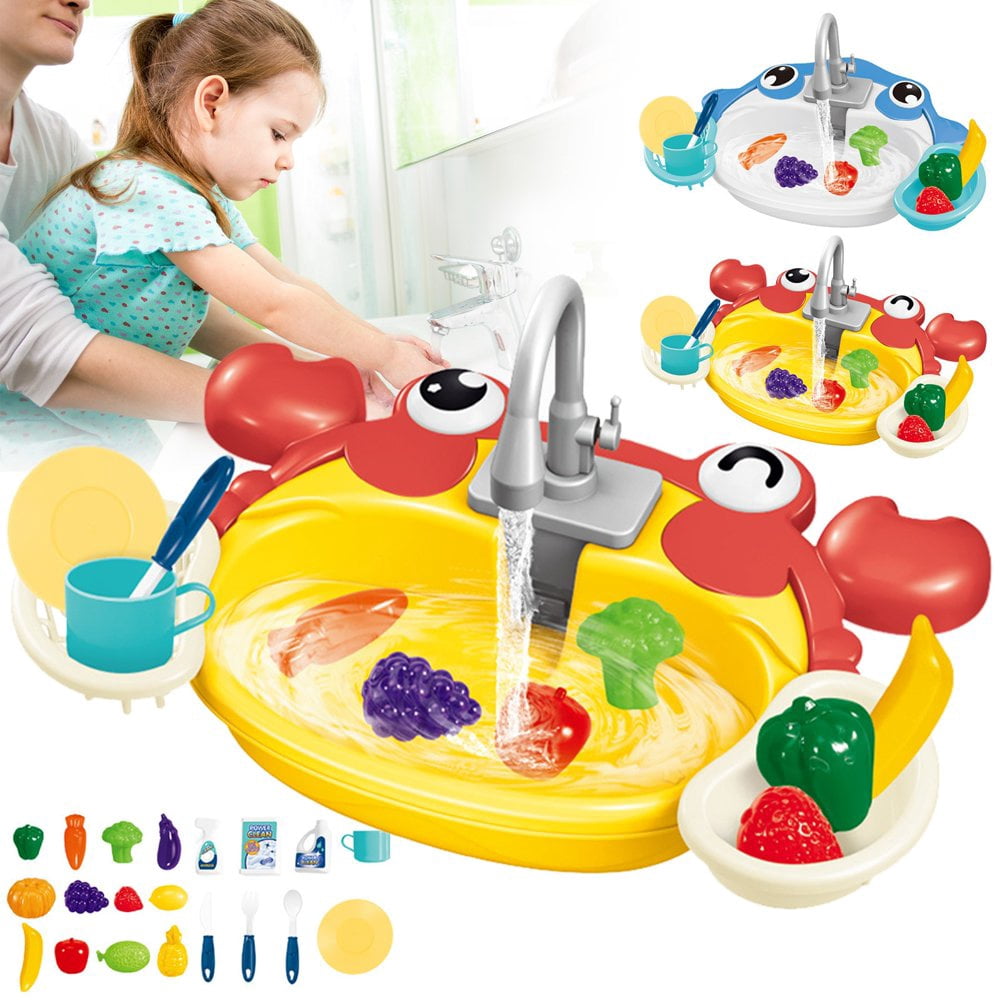 CNKOO Pretend Play  Toddlers 1-3 Kitchen Sink Toys Kid Play Sink with Running Water Pretend Play Kitchen Sink with Cute Pattern Role Sink Play Toys  Kid Gift