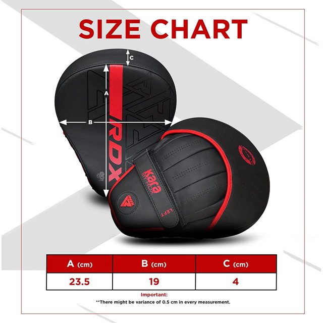 RDX Focus Gants de Boxe en Rouge et Noir, Faits de Cuir Maya Hide durable. Ces Coussinets de Perforation Présentent un design Courbé avec des dimensions de 10” x 7.5” x 1.75” pour un Entraînement de Précision en Boxe, Muay Thaï et kickboxing. les Mitaines Incluent un Dôme en Palmier pour la Sécurité, une Feuille en EVA pour l'Absorption des Impacts et des Coutures en nylon Robustes pour la Durabilité. la Sangle Ajustable à Crochet et Boucle Assure un Ajustement Sécuritaire, pendant Que le Compartiment Perforé pour les Mains Offre une ventilation Lors de Sé