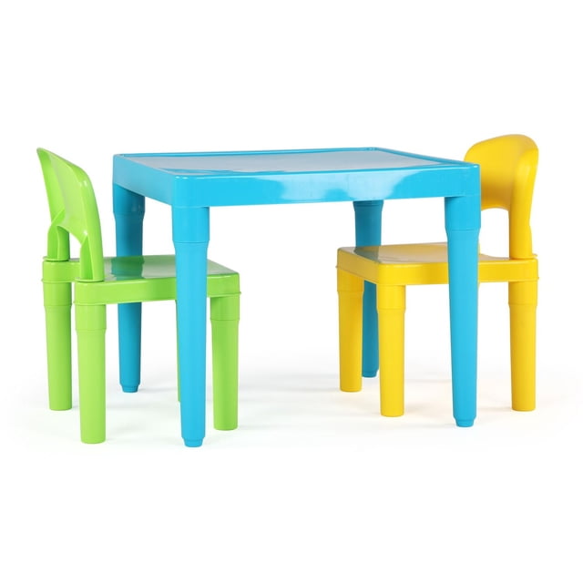 Humble Crew Kids Lightweight Table and Chair Set (2 Chairs Included) with a square aqua plastic table 20 by 20 inches and 17 inches high, paired with one green and one yellow plastic chair sized 12 by 11 inches and 18 inches tall, designed for preschool children aged 3-6 years, ideal for playrooms, bedrooms, or outdoor playhouses.