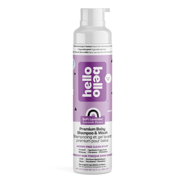 Hello Bello™ Shampooing et Gel Douche Extra Doux - Lavande Douce - Bouteille de 10 oz avec Bouchon à Pompe Blanc et Étiquette Lavande Présentant le Nom de Marque et des Informations sur le Produit en Anglais et en Français, Mettant en Valeur une Formule Hypoallergénique Sans Sulfate pour un Nettoyage Doux des Cheveux et du Corps de Bébé.