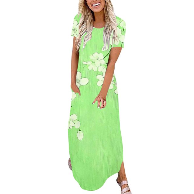 Ovzne Robes d'Été pour Femmes 2025 Robe Mode Robe Décontractée pour Femmes Imprimée à Manches Courtes Col Rond Robe avec Poches Robe de Printemps à Manches Courtes Imprimée Liquidation