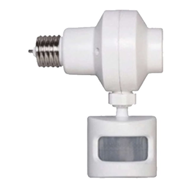 Atron Electro Industries Outdoor Motion Activated Light Control with white plastic housing and metal screw base, featuring a rectangular PIR sensor that turns outdoor lights on when motion is detected and off 10 minutes after no motion, compatible with incandescent, CFL, and LED bulbs, also suitable for automated energy-saving outdoor lighting.