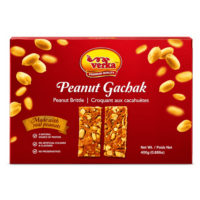 Verka Peanut Gachak, 400g packaged slab of crunchy roasted peanuts bound with brown jaggery, close-up front-facing view showing peanut texture and glossy jaggery surface, Verka label visible on wrapper, often used as a Punjabi winter festival sweet and energy-rich snack.