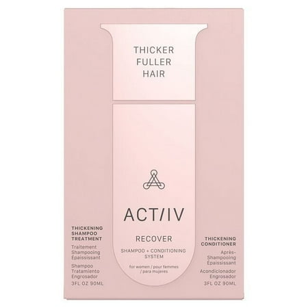 Recover Système de Shampoing et Revitalisant pour Femmes Recover by ACTiiV Hair Science, 3 Oz. l'Emballage du Produit Est Rose Pâle avec un Texte en Audacieux Indiquant « Cheveux Plus Épais et Plus Fournis » en Haut. le logo et le Nom de Marque ACTiiV Sont Affichés de Façon Prééminente au Centre, avec des Détails sur le Système de Shampoing et Revitalisant Épaississant pour Femmes Ci-Dessous.
