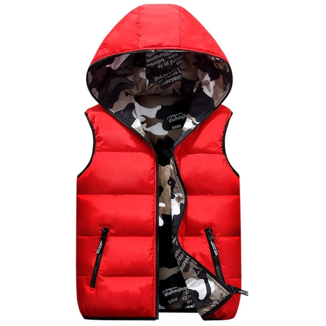 Gilet d'Hiver Réversible Camouflage pour Garçons, Sans Manches à Capuche, Veste Matelassée pour Enfants en Plein Air