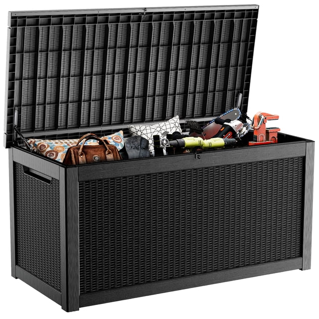 EasyUp 260 Gallon Resin Deck Box, Lockable Patio Outdoor Storage Box for Furniture, Garden Tools and Tools Storage, Waterproof Outside Storage Boxes(Black Pattern)