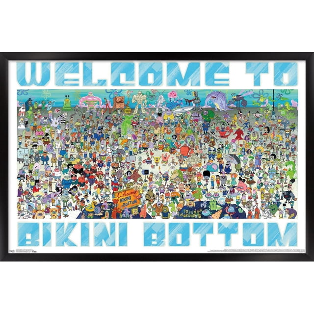 Nickelodeon Spongebob - Every Character Ever 19 Wall Poster, 22.375" x 34" shows a black-framed glossy poster with a detailed collage of all SpongeBob SquarePants characters on a blue underwater background and large light blue text reading 'WELCOME TO BIKINI BOTTOM.' Suitable for vibrant wall decor in bedrooms, offices, or dorms, this lightweight art print is ready to frame or hang.