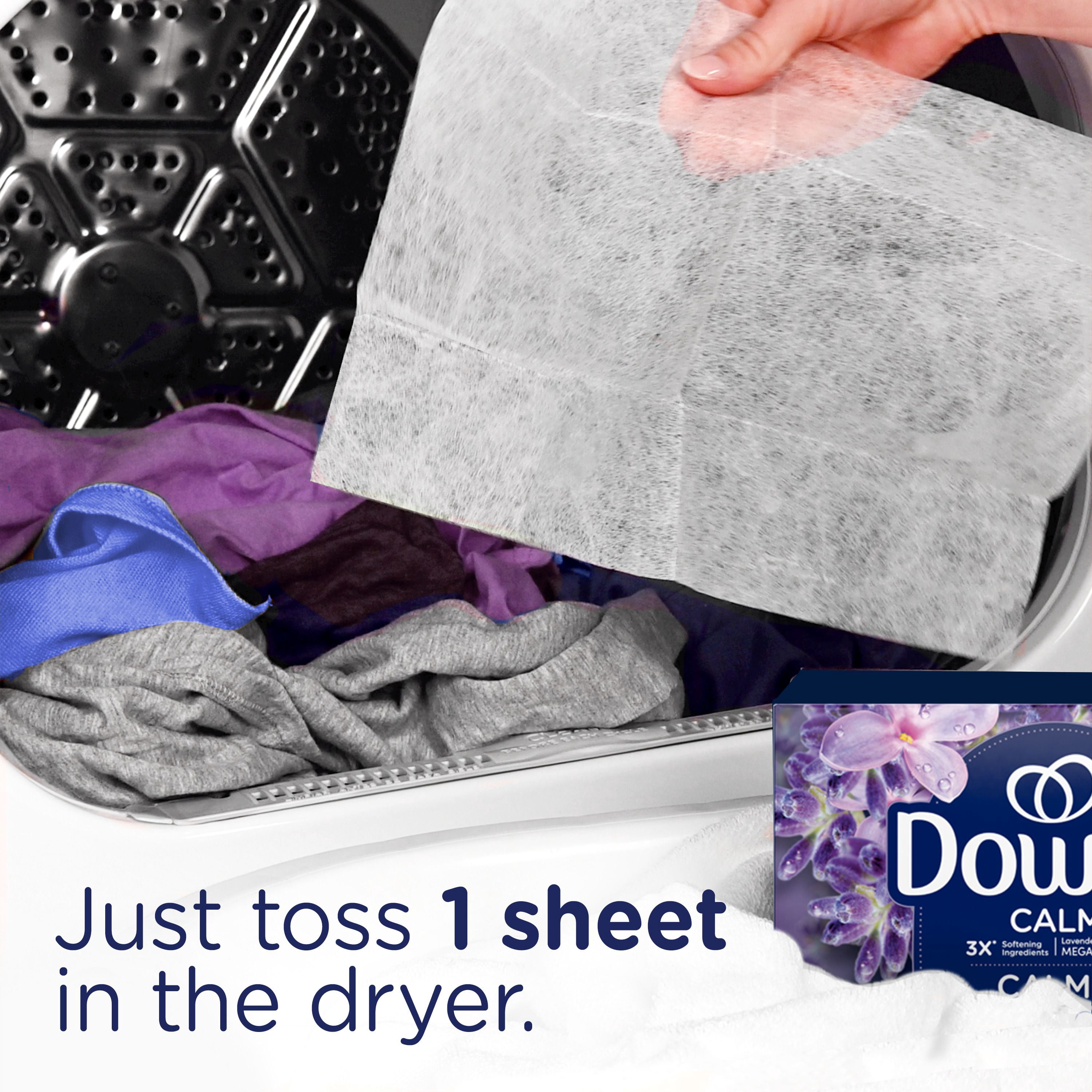 Downy Calme, Feuilles Assouplissantes Méga pour Sécheuse, Assouplissant pour la Lessive, Lavande et Gousse de Vanille 120CT