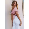 thumbnail image 3 of Women's Ruffle Short Sleeve Tie Up Back Crop Top Off Shoulder Bardot Blouse,Pink,L, 3 of 6