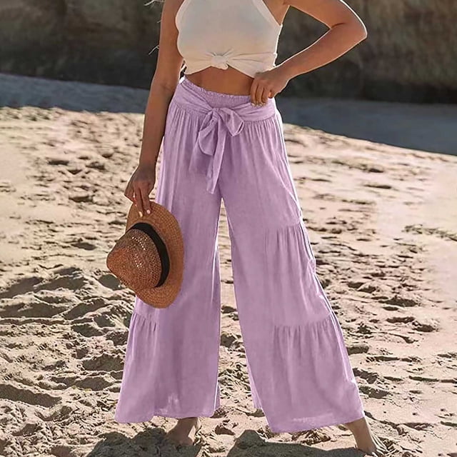 RKSTN Womens Pants Fashion Casual High Waist Elastic Waist Drawstring Straps Solid Color Ruffle Wide Leg Pants Soft Loose Straight Leg Hiking Pants