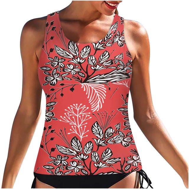 Hauts de Tankini Modestes pour Femmes Haut de Maillot de Bain Seulement Haut de Maillot à Col Licou à Col Ras du Cou Graphique Hauts de Maillot de Bain Dos Découpé Hauts de Maillots de Bain