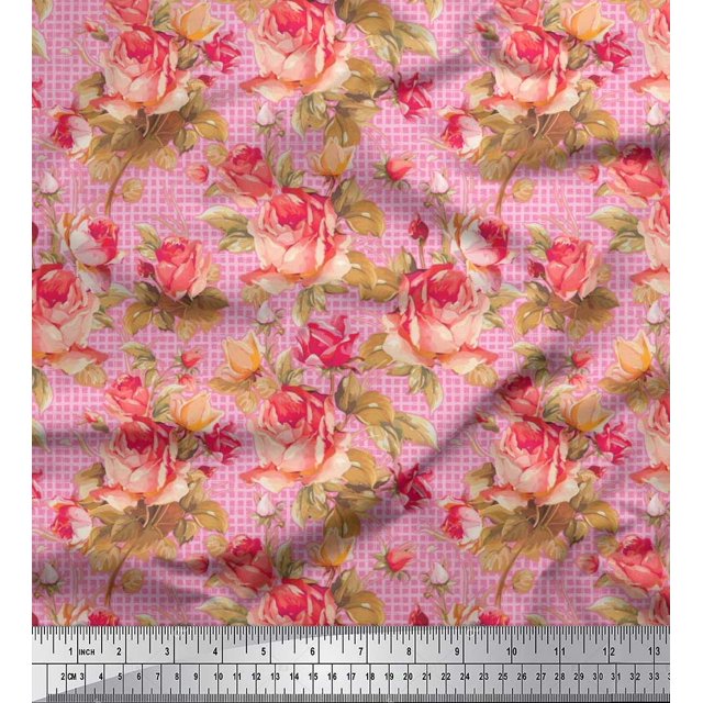Soimoi Tissu en Poly Georgette à Carreaux, Imprimé Floral Feuilles et Roses au Mètre 52 Pouces de Large