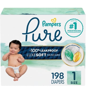 Pampers Pure Baby Diapers, Size 1 (8-14 lbs), Up to 100% Leakproof, Premium Hypoallergenic Soft Diapers
