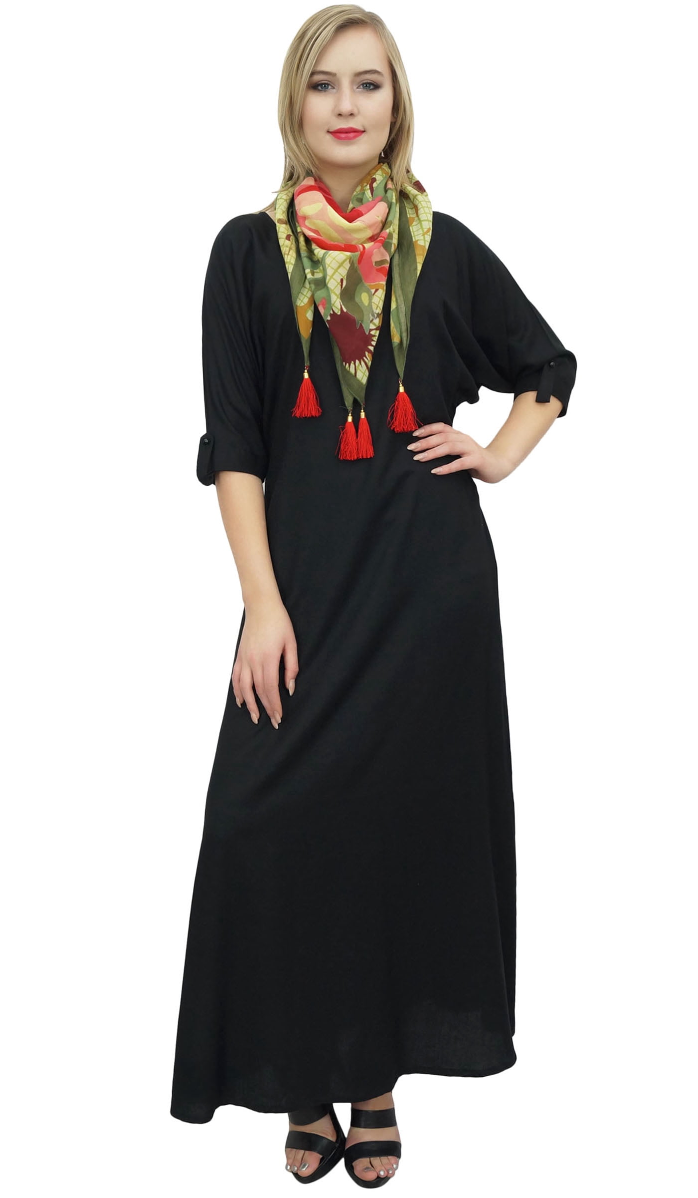 Bimba Robe Maxi Bohème Noire pour Femme avec Foulard à Pampilles, Tenue d'Été de Designer-16
