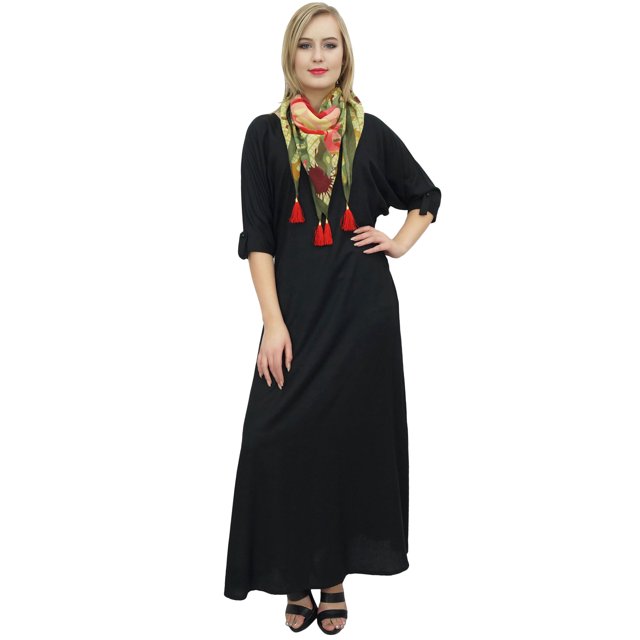 Bimba Robe Maxi Bohème Noire pour Femme avec Foulard à Franges Tenue d'Été de Designer-10