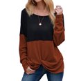 thumbnail image 1 of Women Long Sleeve Crew Neck Twist Knot Hem Color Block Pullover Top, 1 of 6