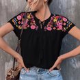 thumbnail image 4 of Chemise Décontractée à Manches Courtes pour Femmes, Blouse Brodée Vintage Col Rond pour Travail pour Bureau pour Magasinage, 4 of 5