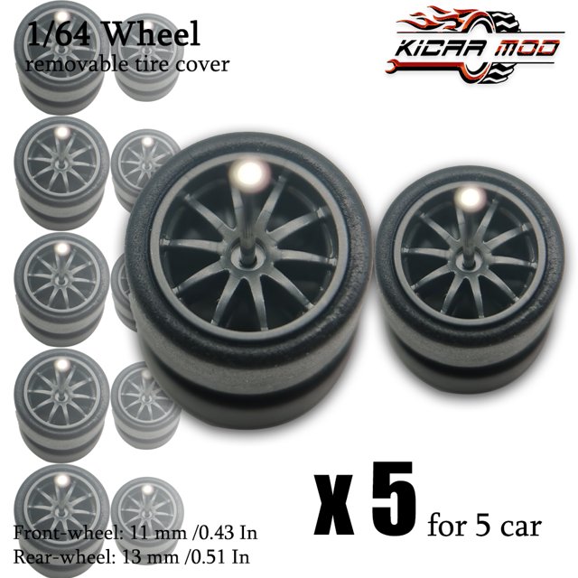 1/64 Front Small Rear Big Wheels with Detachable Slick Rubber Tires for Model Cars Refiting Parts for Hotwheels (5 Sets) RLCBS008