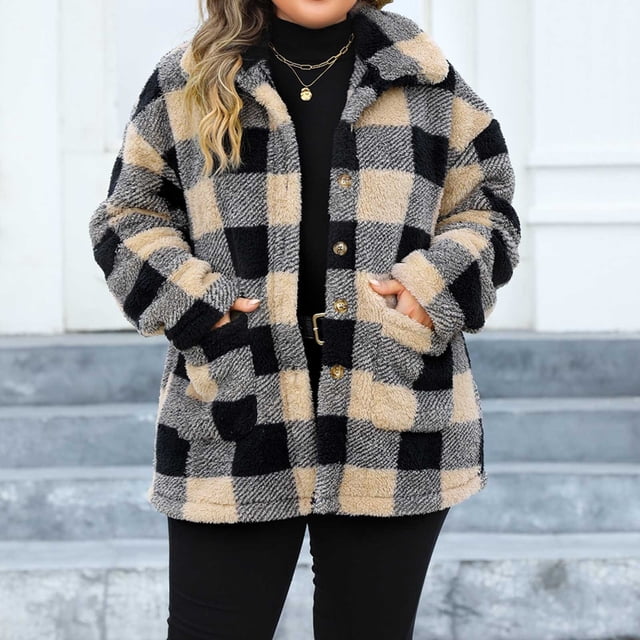 LOVZFMLL Vestes pour Femmes Col Poche à Simple Boutonnage Manches Longues à Carreaux Peluche Double Face à Manches Longues à Capuche Veste Décontractée