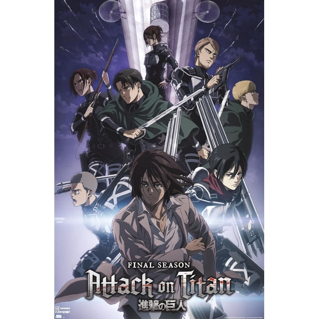 Attack on Titan: Season 4 - Key Visual 2 Wall Poster, 22.375" x 34", depicting multiple characters in black and green military uniforms with 3D maneuver gear posed dynamically before a tall spotlight tower under a night sky, suitable for anime-themed room decor.