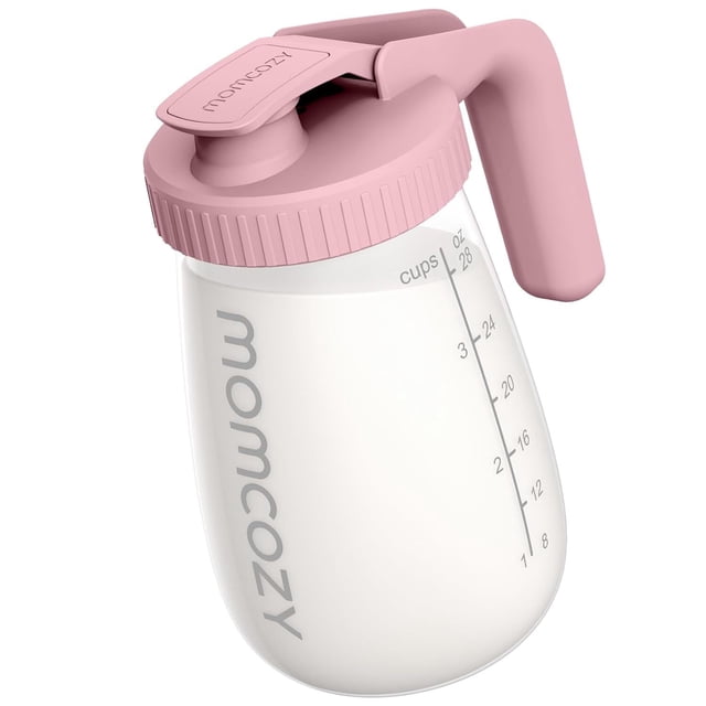 Momcozy Pichet à Lait Maternel Rose, en Verre Borosilicaté de Haute Qualité, Conçu pour la Résistance à la Chaleur et au Froid. Doté d'Un Grand Ouverture pour un Versement et un Nettoyage Faciles, d'Une Poignée Ergonomique pour le Confort, et d'Une Bande d'Étanchéité Épaisse pour un Rangement Étanche. Marqué avec des Indicateurs de Mesure, Convient au Stockage du Lait Maternel, du Jus, du Café, du Thé Ou des Préparations pour Nourrissons.