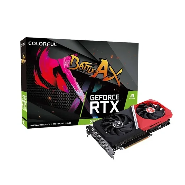Colorful RTX 3060 NB DUO 12G GDDR6 Graphics Card centered front-facing view of a dual-axial fan PCIe 4.0 x16 GPU with black metal shroud and exposed heatsink fins; shows 1x 8-pin power connector, bracket with 1 HDMI 2.1b and 3 DisplayPort 2.1b outputs, GA106 GPU, 12 GB GDDR6 on a 192-bit bus, 316 x 113 x 49 mm compact size.