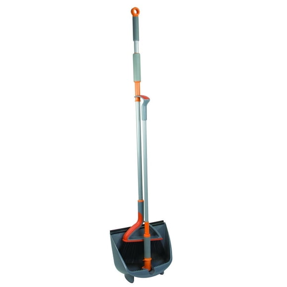 Casabella Quick 'n Easy Upright Broom and Dustpan Set, Gray/Orange, Multi-Surface for Tile, Wood & Laminate Floors