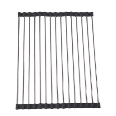 Dish Drying Rack 14.5" x 11.4", Over Sink Roll Up Large Dish Drainers Rack, Multipurpose Foldable Kitchen Sink Rack Mat Stainless Steel with Silicone Rims for Dishes, Cups, Fruits Vegetables