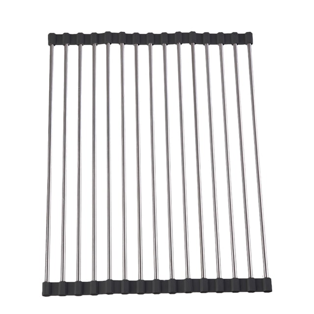 Dish Drying Rack 14.5" x 11.4", Over Sink Roll Up Large Dish Drainers Rack, Multipurpose Foldable Kitchen Sink Rack Mat Stainless Steel with Silicone Rims for Dishes, Cups, Fruits Vegetables