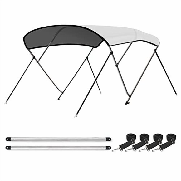 Leader Accessories 3 Bow White 6'L x 46" H x 67"-72" W Bimini Top Boat Cover Includes 4 Straps 2 Rear Support Poles Mounting Hardwares Storage Boot with 1" Aluminum Frame