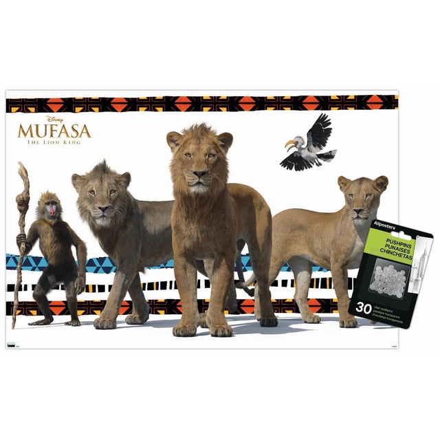 Disney Mufasa : Le Roi Lion - Affiche Murale de Groupe Présentant une Oeuvre Détaillée d'Un Babouin Tenant un Bâton, un Jeune Lion, un Lion Adulte avec une Crinière, une Lionne et un Calmar Volant au-Dessus, sur Fond Blanc avec des Motifs Tribaux Noirs, orange et Bleus le Long des Bords du Haut et du Bas, Imprimée sur Papier d'Affiche Lustré Mesurant 22,375 par 34 Pouces, Convient pour Décorer des Chambres, des Bureaux Ou des Dortoirs avec des Supports Adhésifs Inclus pour une Suspension Facile.