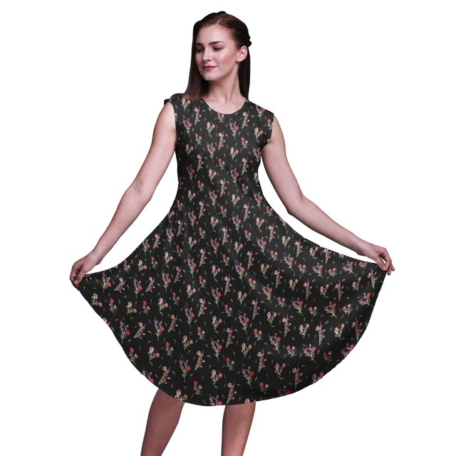 Bimba Robe Midi Évasée d'Été Décontractée Sans Manches à Imprimé Floral de Trèfles Noirs pour Femme - Medium