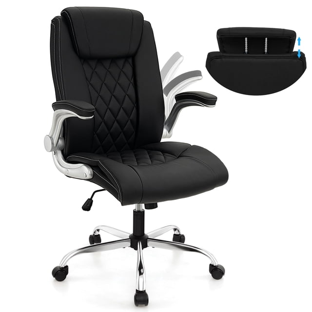 Costway Chaise de Bureau en Cuir PU, Hauteur Réglable, Chaise de Direction avec Appuie-Tête Réglable, Noir