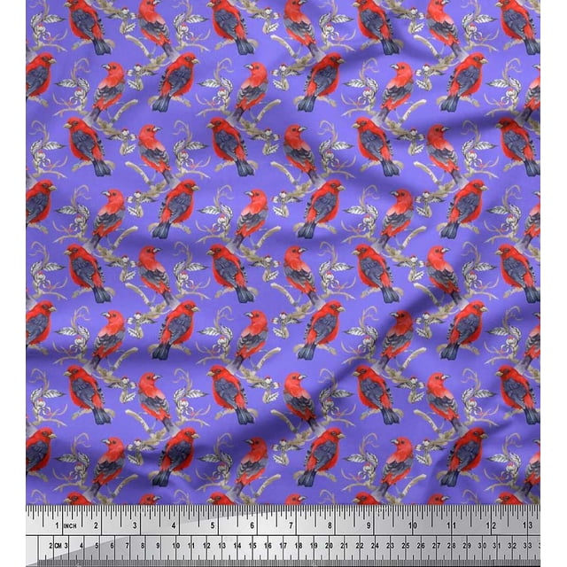 Soimoi Purple Poly Georgette Fabric Branches & American Robin Bird Print Fabric by Yard 52 Inch Wide