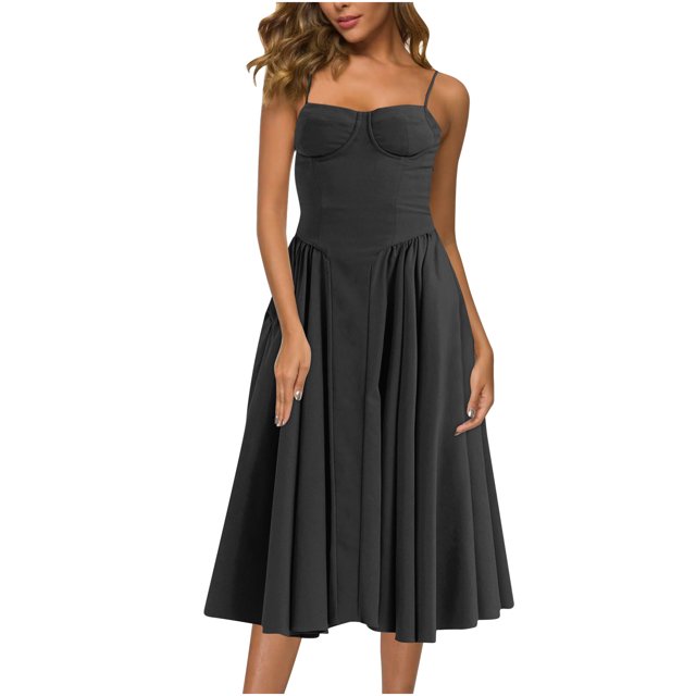 Gspmoly Robes pour Femmes Grande Taille, Mode pour Femmes Couleur Unie Style Dopamine Bretelle d'Épaule Bretelles Ajustables Robe à Poches Robe à Bretelles Col Rond Robes de Travail pour Femmes Aubaines