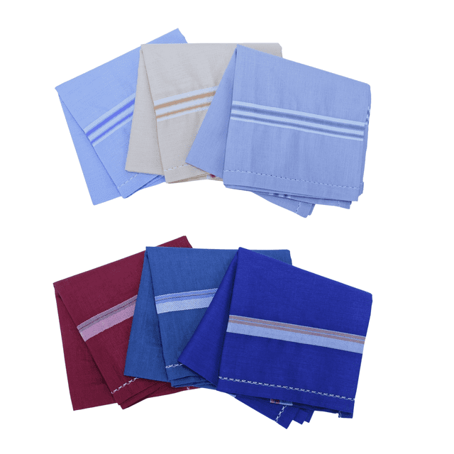 Royal Mart 06 Men's Cotton Handkerchief Set featuring a multi-color design with dark striped patterns. The set includes large handkerchiefs, each measuring 17x17 inches, made from soft, pure cotton with hem-stitched edges for durability. The handkerchiefs are displayed in a variety of colors, including shades of blue, beige, and maroon, arranged in two groups. Suitable for weddings, dining, sports, or as pocket squares for suits, these handkerchiefs offer moisture-wicking and anti-sensitive properties. Machine-washable and unisex, they combine style and functionality.