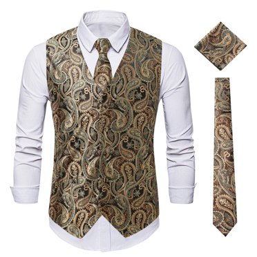 Weiqiqre Mens Vest and Tie Set Formal Paisley Waistcoat and Necktie Pocket Square Cufflinks Silk Suit Vest for Tuxedo Wedding