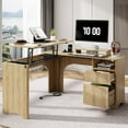 thumbnail image 1 of Bestier Bureau d'Ordinateur PC en L de 55 Pouces à Dessus Relevable avec Prises de Courant, Tiroirs de Rangement et Support pour Moniteur, Bûche, 1 of 9