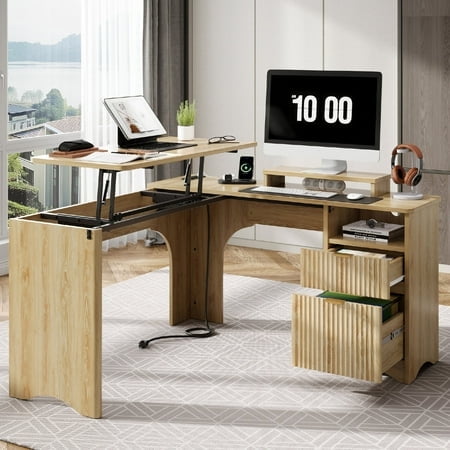 Bestier Bureau d'Ordinateur PC en L de 55 Pouces à Dessus Relevable avec Prises de Courant, Tiroirs de Rangement et Support pour Moniteur, Bûche