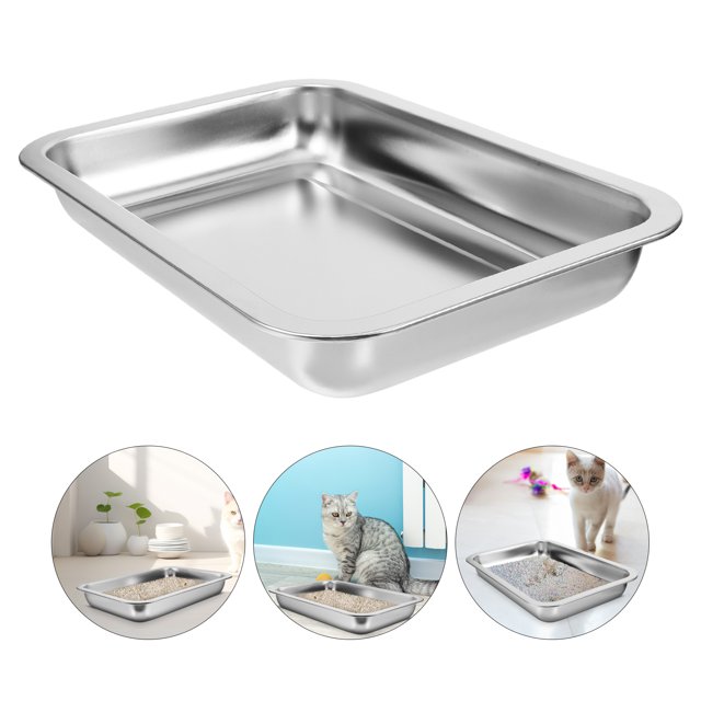 Stainless Steel Cat Litter Box- Low Entry Litter Box For Small Cats Hamster Rabbits, Small Open Nonstick Metal Kitten Litter Tray, 12.38x8.45x1.77in, Silver
