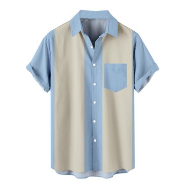 Birdeem Men Casual Buttons Print with Pocket Turndown Short Sleeve Shirt Blouse