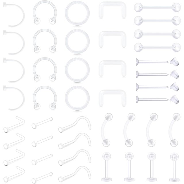 ORUYROP Clear Nose Rings Studs Clear Piercing Retainer Set Septum Lip Cartilage Tongue Rook Daith Ear Industrial Nipple Belly Clear Piercing Jewelry for Work Surgery