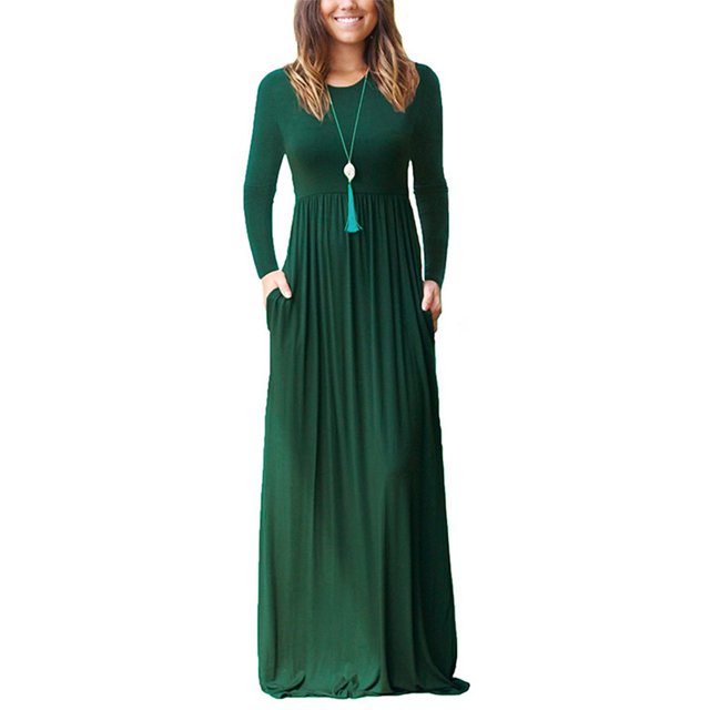UKAP Ladies Dress Crew Neck Maxi Dresses Solid Color Swing Party Blackish Green L