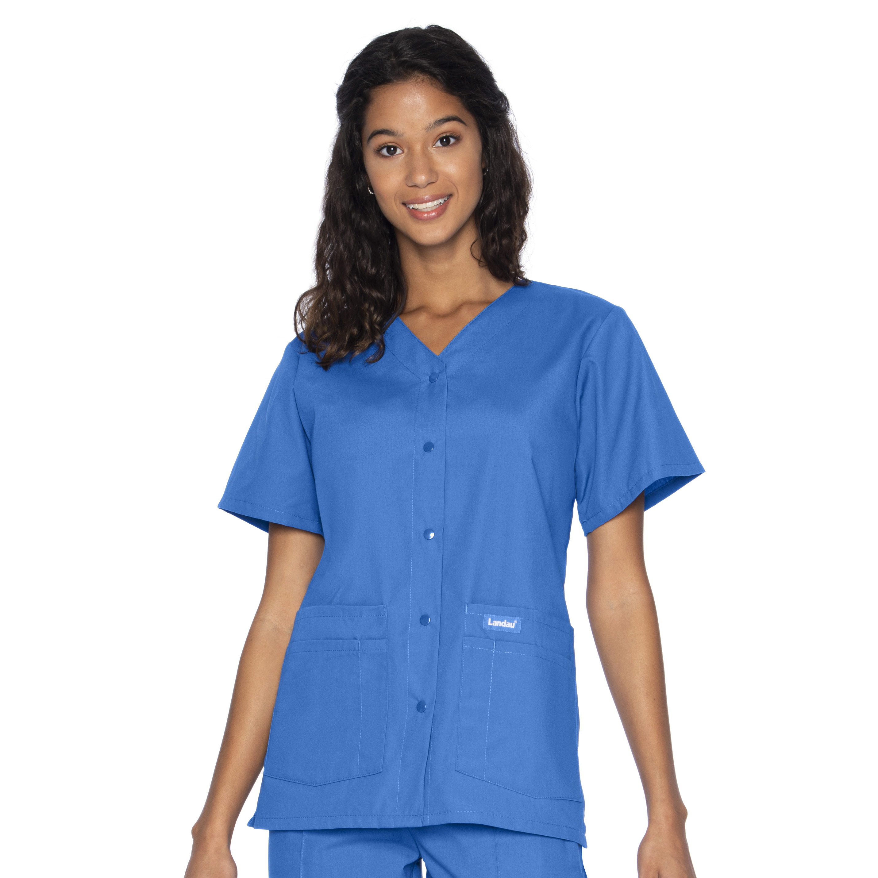 Landau Haut d'Uniforme à Boutons-Pression pour Femme, Coupe Classique Décontractée, Col en V, 4 Poches
