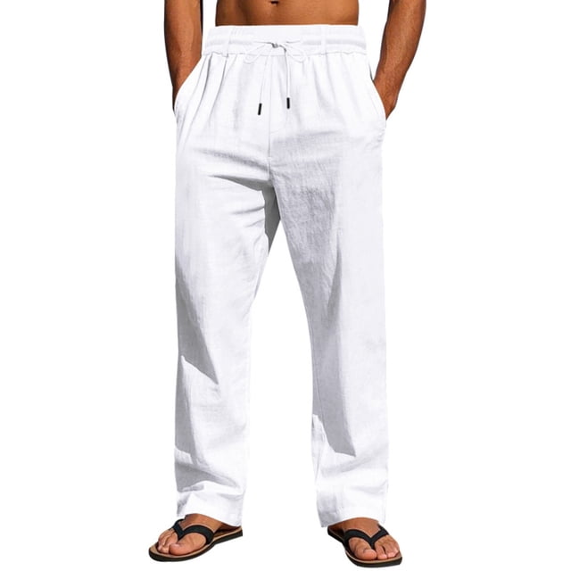 WRKEKC Casual Pants for Men Solid Color Spring Summer Thin Cotton Linen Look Leisure Straight Leg Tie Drawstring Trousers