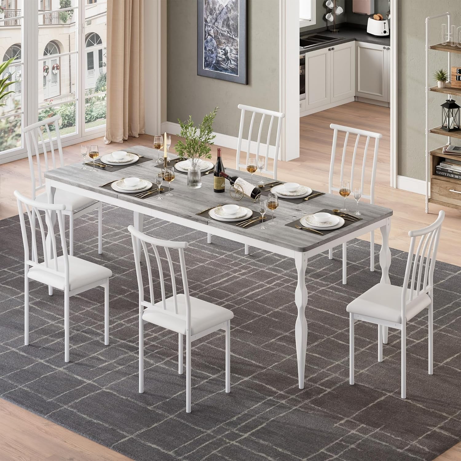 71" Farmhouse Dining Table for 4-8 People, Rectangular Kitchen and Dining Room Table with Thick Scratch-Resistant Top and Curved Metal Legs, Grey & White